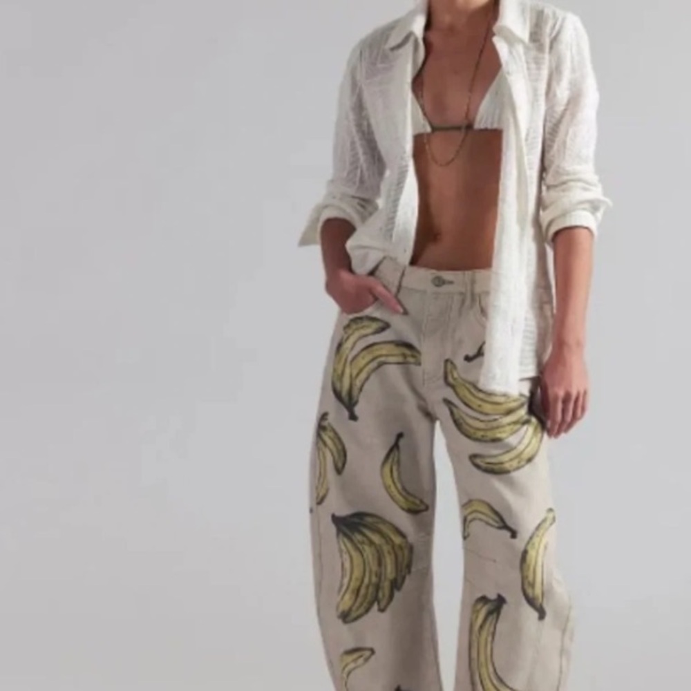 NWT FREE PEOPLE We The Free Good Luck Printed Barrel Jeans - Go Bananas - Picture 3 of 8